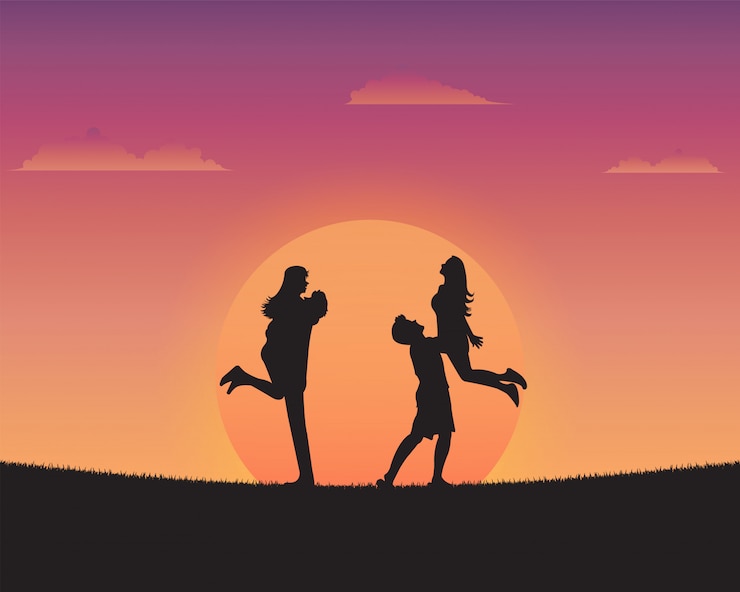 Vector silhouette happy young people of sunset background