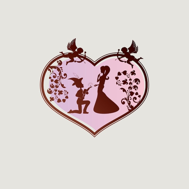 Silhouette of a heart with a boy in a hat with a feather a girl and cupidon