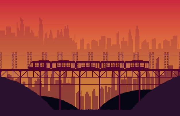 Vector silhouette high speed train rail road with bridge on orange gradient