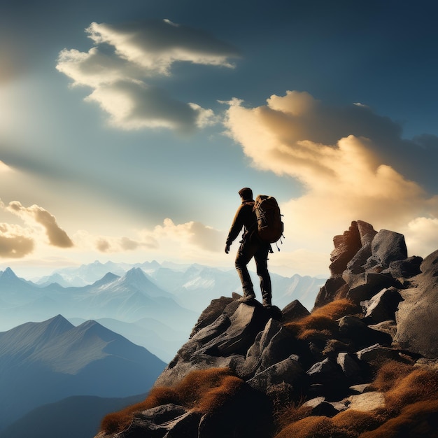 silhouette of hiker with bag hiking on top of mountain silhouette of hiker with bag hiking on t