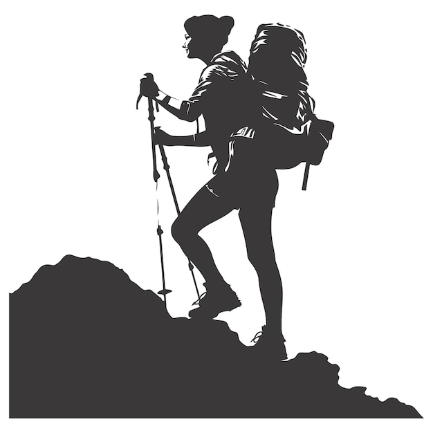 Silhouette hiking woman black color only full body