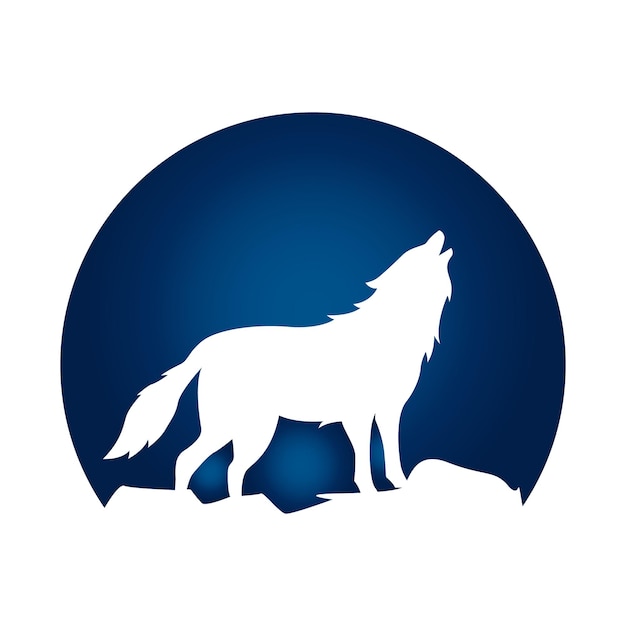 Vector silhouette of howling wolf with full moon illustration logo design