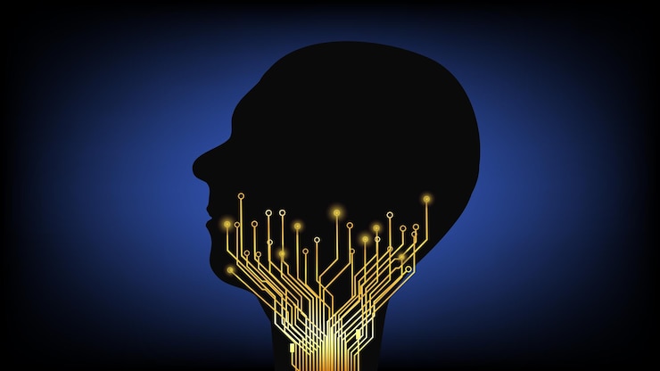 Vector silhouette of human head in profile with circuit board tracks going up neck on dark blue background human digitalization concept design element