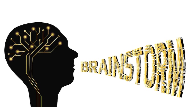 Vector silhouette of human head with digital brain and word brainstorm from the mouth isolated on white background concept of finding new solutions and answers to questions