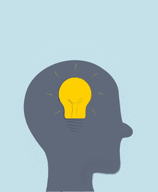 Vector silhouette of human head with a light bulb inside concept mental health conceptual vector illustration