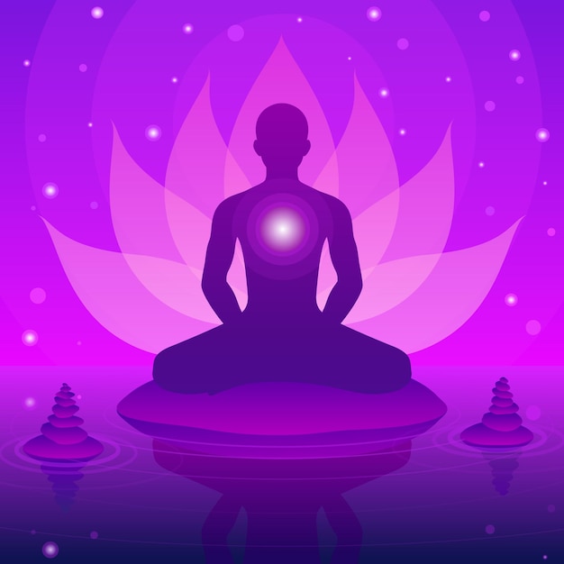 Vector silhouette human sitting and meditation on fantasy lotus background