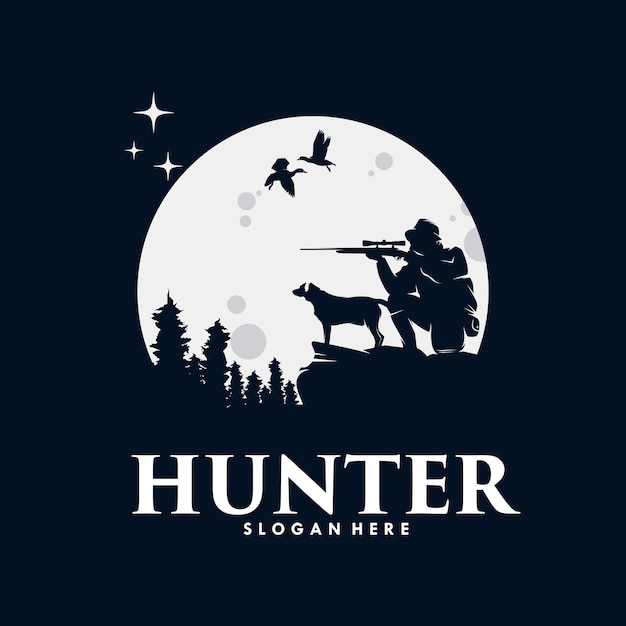 Silhouette of a hunter with hunting sniper rifle and dog