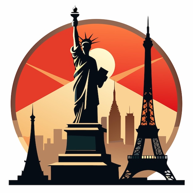 Vector silhouette of iconic landmarks statue of liberty and eiffel tower
