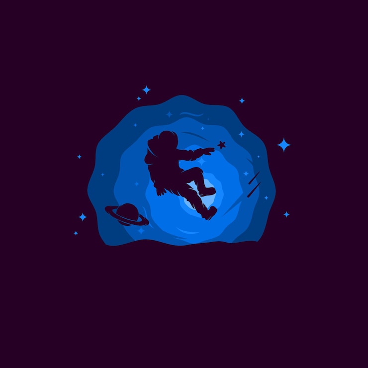Vector 실루엣 그림 우주 비행사는 우주복으로 은하계 우주를 탐험합니다.