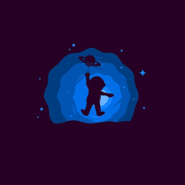 Silhouette illustration astronaut flying with planet in galaxy universe with spacesuit