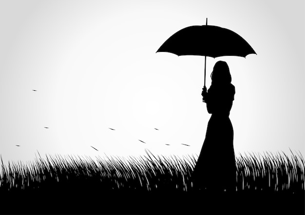 Vector silhouette illustration of a girl with umbrella at grass field