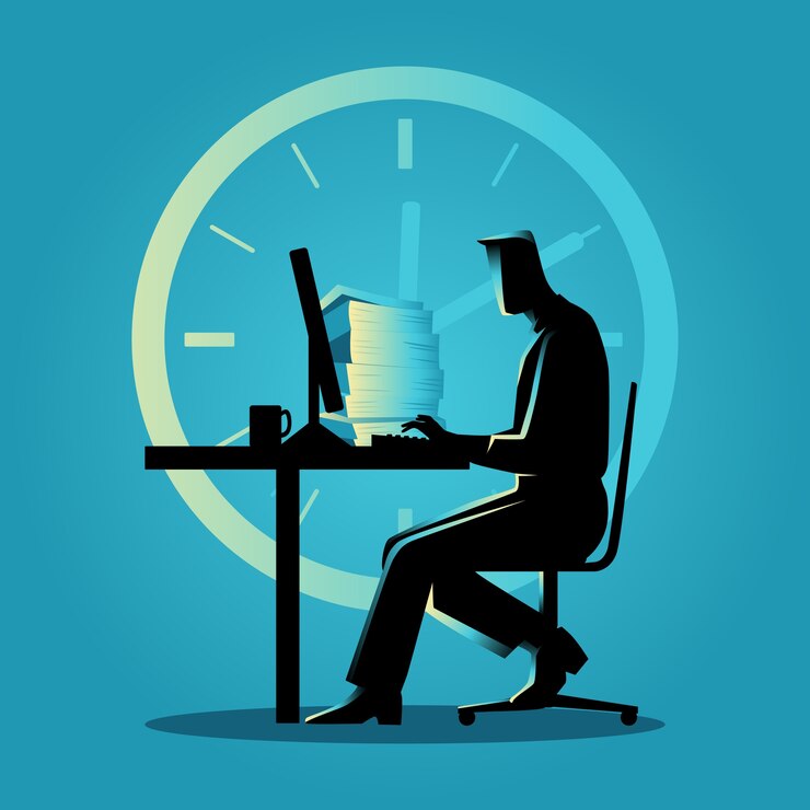 Silhouette illustration of a man working overtime
