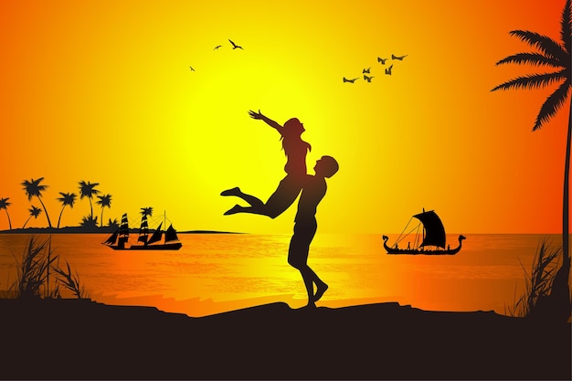 Vector silhouette illustration with a couple by the beach