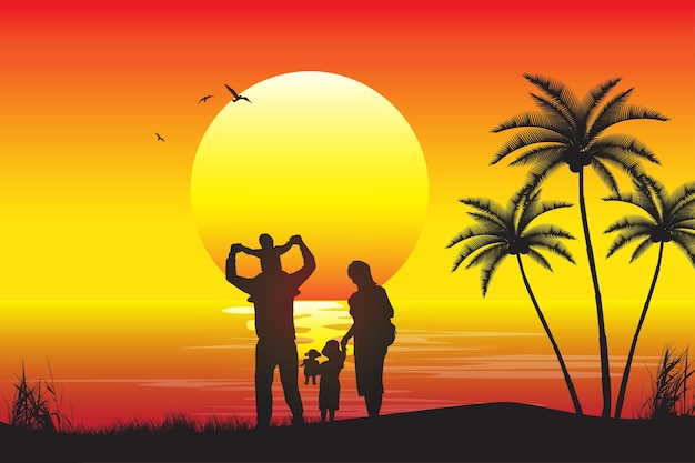 Vector silhouette illustration with family in the afternoon