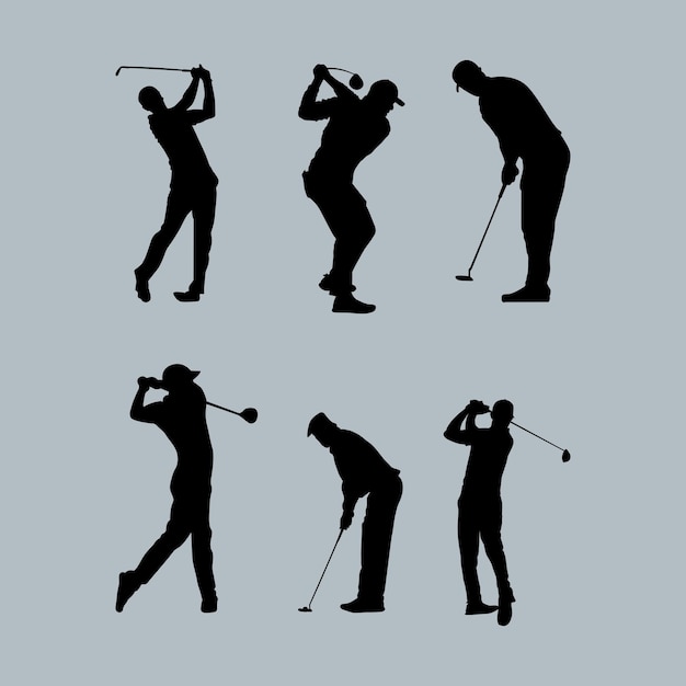 silhouette illustrations of golfers in various poses during gameplay