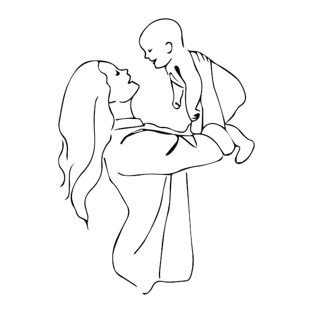 Vector silhouette image of mother who is holding baby in her arms high