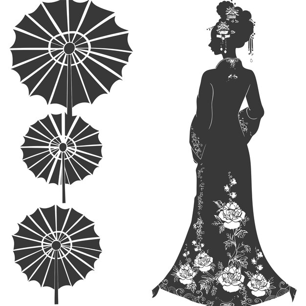 ベクトル チェンサムやザンセを着ている独立した中国人女性のシルエット 黒い色のみ