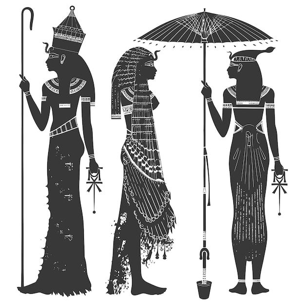 Vettore silhouette donne egiziane indipendenti che indossano tob sebleh con ombrello solo colore nero