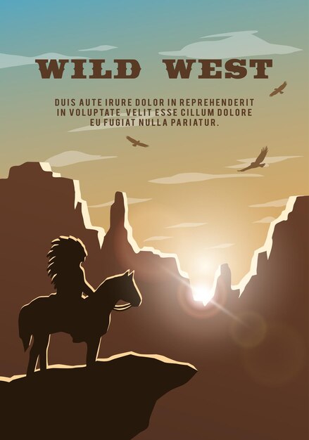 Silhouette of an indian on the background of the wild west poster vector background