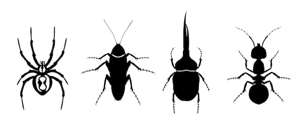 Silhouette di insetti scarafaggio ragno scarafaggio e formica set di icone di scarafaggi