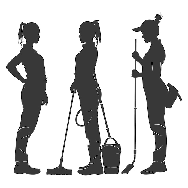 Vector silhouette janitor women in action black color only full body