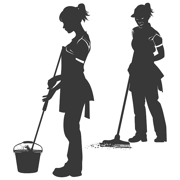 Vector silhouette janitor women in action black color only full body