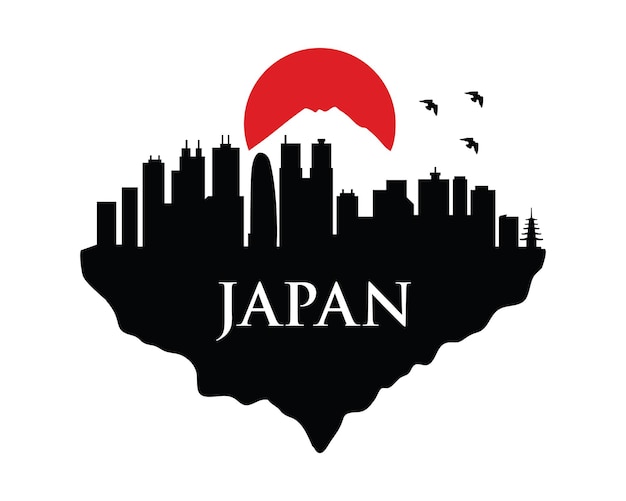 Vector silhouette of a japanese city with mountains and the sun