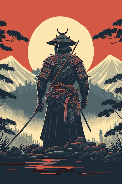 Sagoma del guerriero samurai giapponese con la spada in piedi sulla stampa d'arte al tramonto