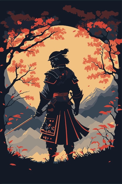 Silhouette of Japanese samurai warrior with sword standing on sunset art print