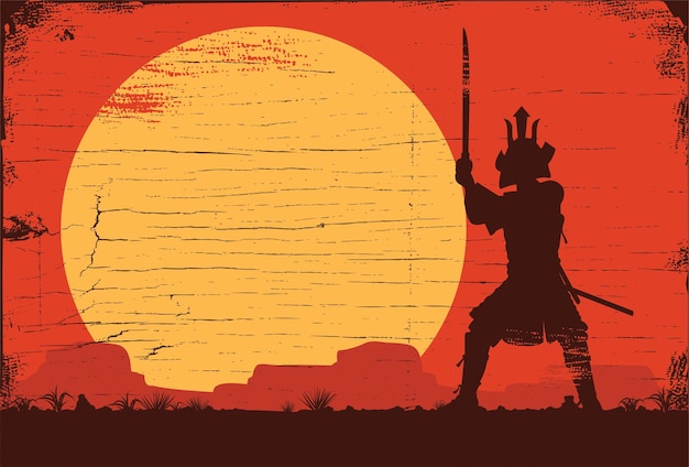 Silhouette of Japanese samurai with sword standing at sunset