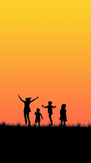 Vector the silhouette of joyful children playing on grass against a vibrant orange sunset capturing