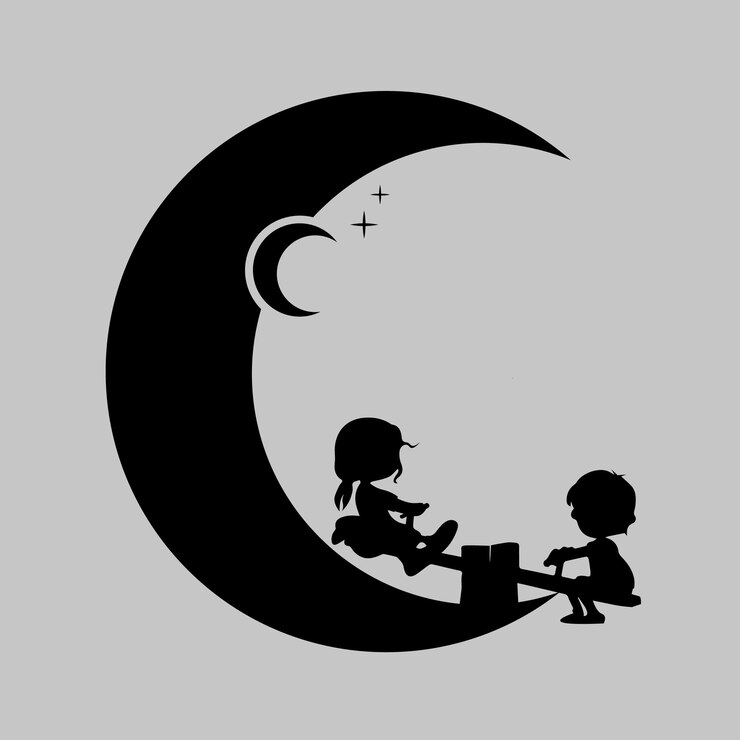 silhouette kid dream playing seesaw with moon background