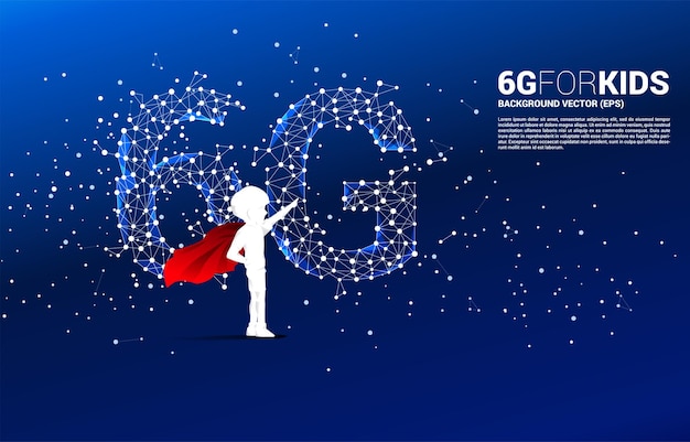 Silhouette of kid in superhero suit with polygon dot connect line shaped 6g mobile network. concept for mobile phone data technology.