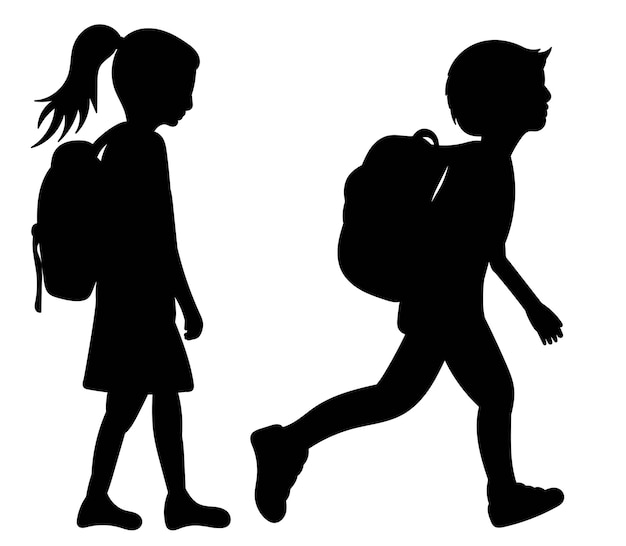 Дети силуэта идут с рюкзаком школьницы на белом фоне вектора