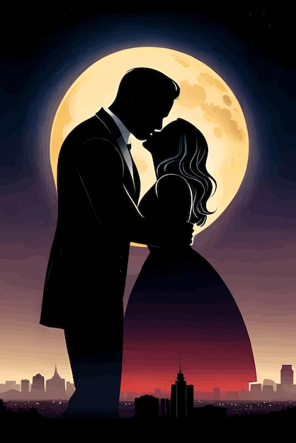 Silhouette di una coppia che si bacia con la luna sullo sfondo in stile retro