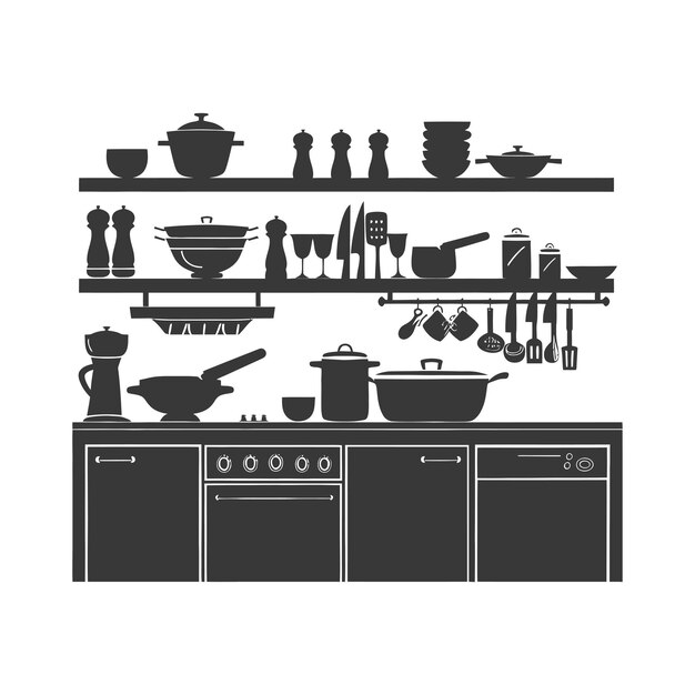 Вектор Силуэтная кухня на домашнем оборудовании только черный цвет