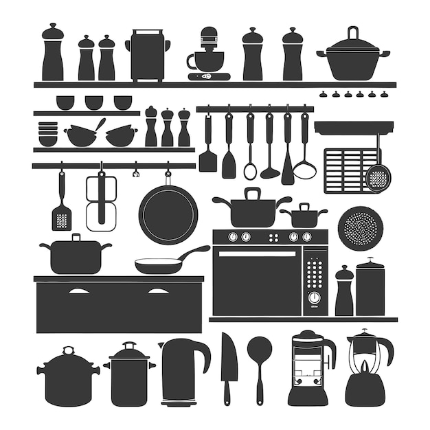 Vettore silhouette cucina a casa attrezzature solo colore nero