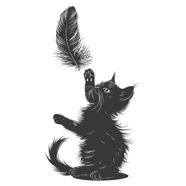 Vettore silhouette gattino animale che gioca piuma solo colore nero