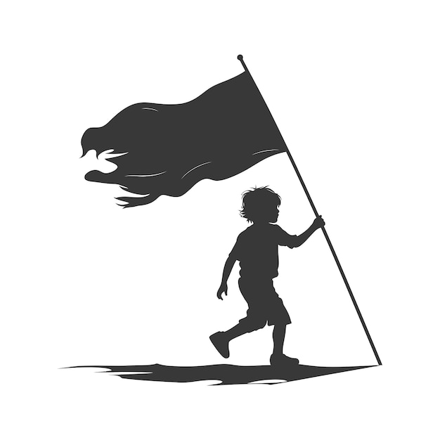 Silhouette kleine jongen rende terwijl hij een gewone zwarte vlag droeg