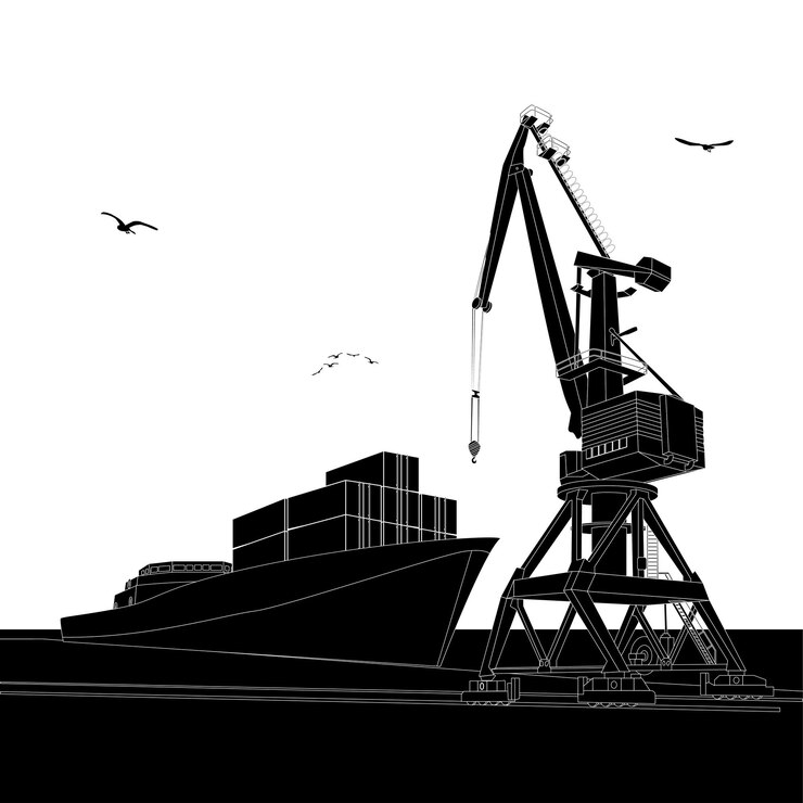 Vector silhouette large cargo crane and ship with containers in port