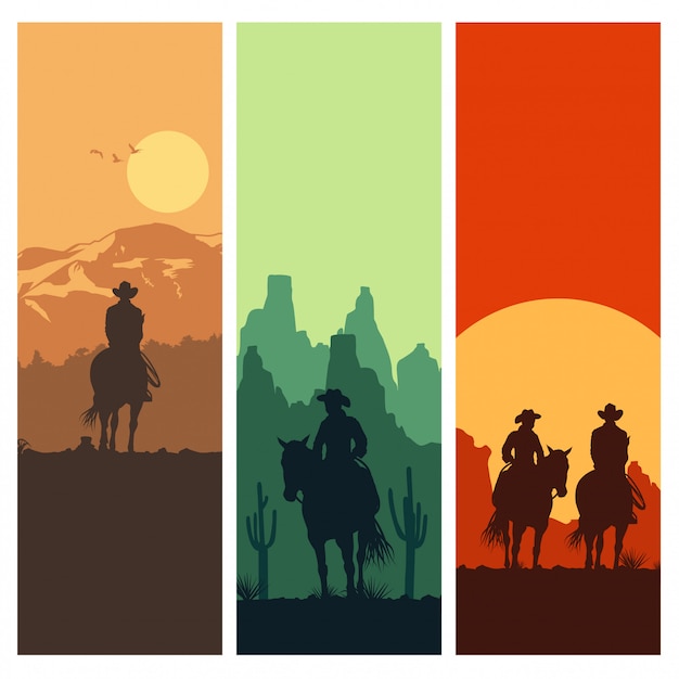 Vettore silhouette di lcowboy sriding cavalli al tramonto, illustrazione vettoriale