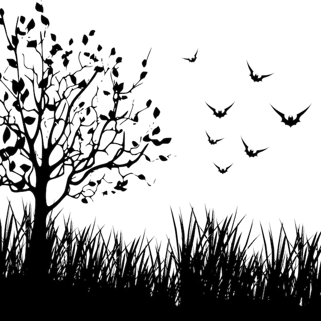 Silhouette leafs trees and grass illustration