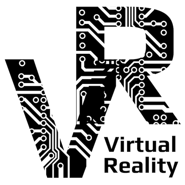 Аббревиатура букв vr для виртуальной реальности, перфорированная дорожками печатной платы, изолированными на белом для баннеров или рекламы
