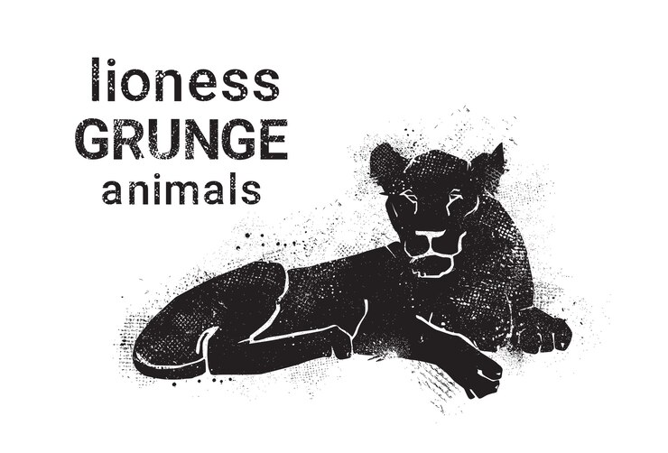 Vector silhouette lioness in grunge design style animal 