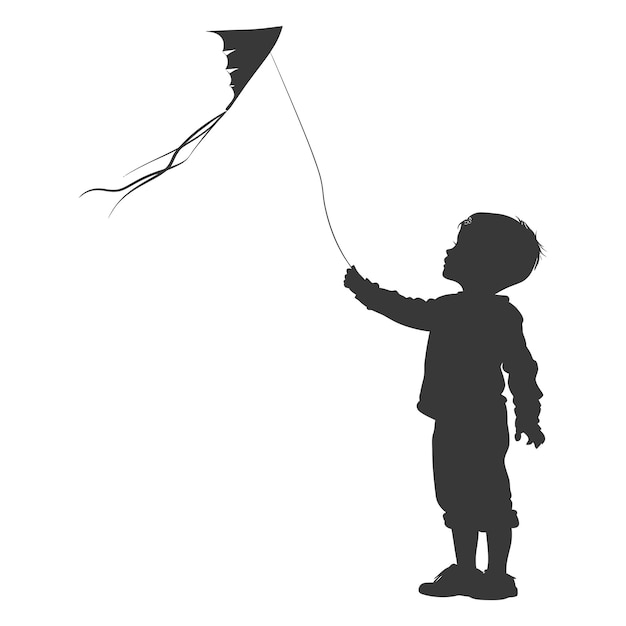 Silhouette little boy playing kite black color only
