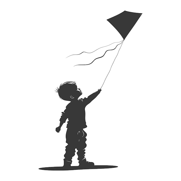 Silhouette little boy playing kite black color only