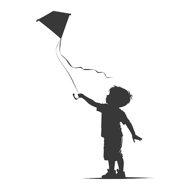 Silhouette little boy playing kite black color only