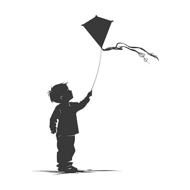 Silhouette little boy playing kite black color only