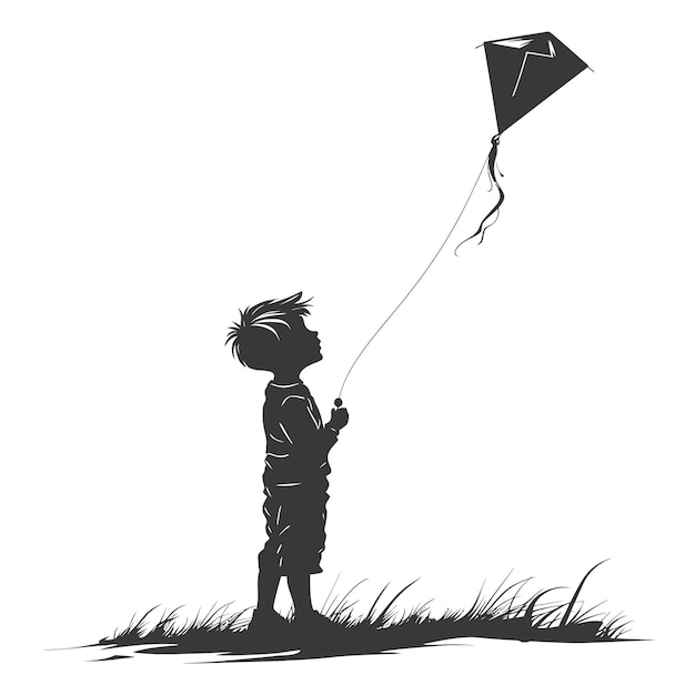 Silhouette little boy playing kite black color only