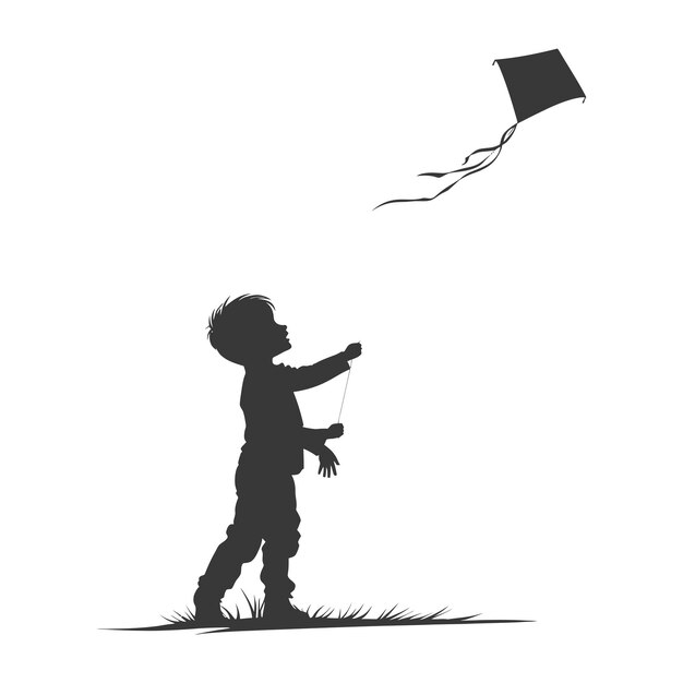 Vector silhouette little boy playing kite black color only